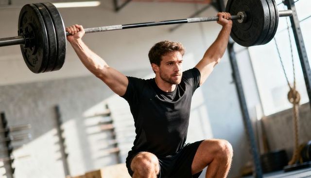 Male athlete performing overhead squat with loaded olympic barbell in industrial gym