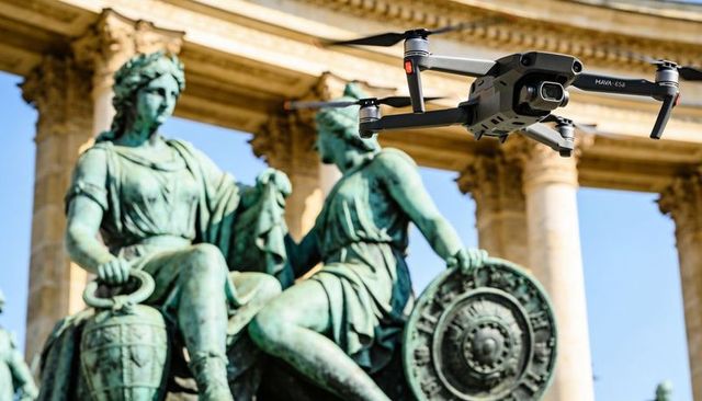 Hovering drone capturing neoclassical colonnade and bronze statues with patina details