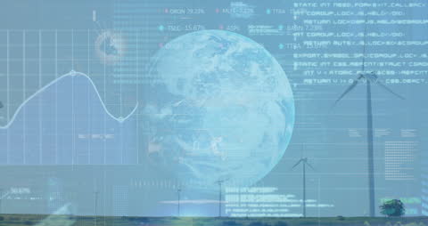 Digital Globe with Data Overlaid on Wind Turbines in Modern Energy Landscape