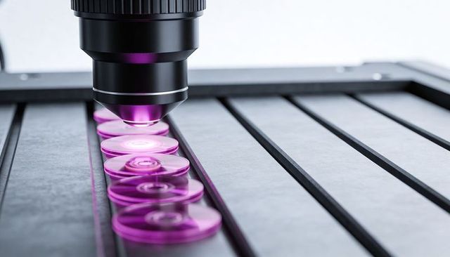 Inspecting microscope objective scanning purple-illuminated optical lenses on precision metal stage
