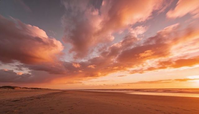 Golden sunset clouds glowing over wide wet-sand beach at low tide