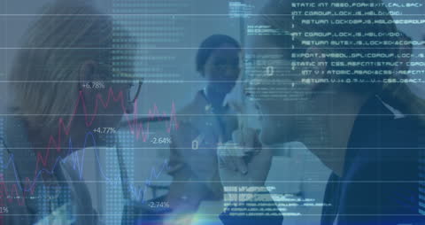 Businesswomen Discussing Amid Digital Data and Analytics Overlay