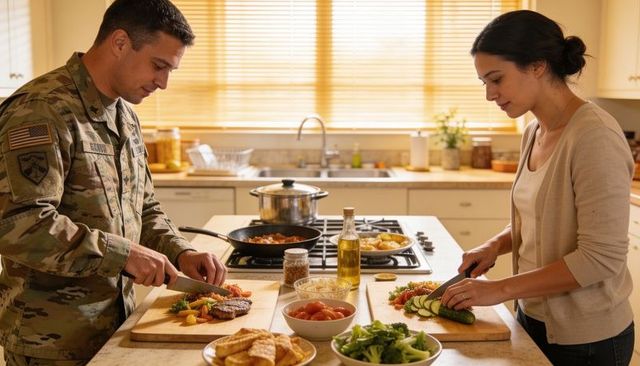 Service member and partner preparing home-cooked dinner on kitchen island in warm light