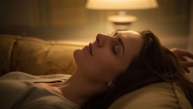 Serene woman reclining on sofa in warm lamp light, relaxing at home after long day