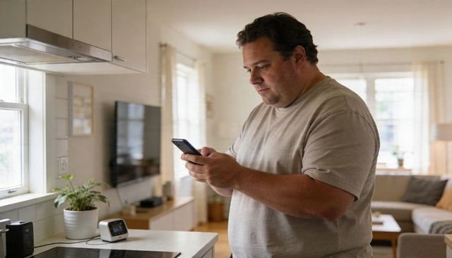 Man Checking Smartphone While Standing in Bright Open-Plan Kitchen