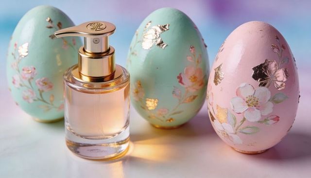 Glass perfume bottle gleaming with gold pump surrounded by hand-painted floral eggs