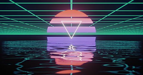 Retro Futuristic Triangle on Grid over Ocean Reflections