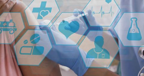 Doctor administering vaccine with medical technology interface