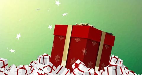 Giant red gift box standing among white wrapped presents on green geometric background