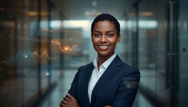 Confident businesswoman in navy suit posing in modern glass hallway with financial charts