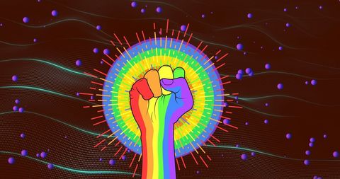 Rainbow fist symbolic of lgbtqia rights amid dynamic waves