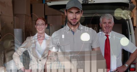 Warehouse Team with Financial Data Overlay Captured in Action