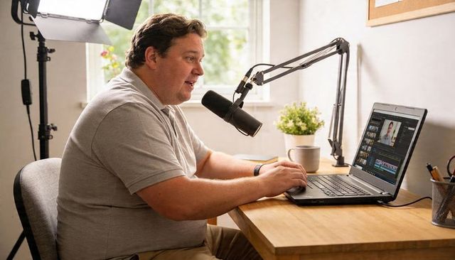 Home podcaster recording and editing video content on laptop with professional microphone