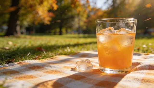 Sunlit orange drink chilling on checkered picnic blanket with loose ice cube in sunny park