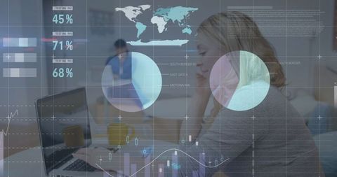 Businesswoman analyzing data with global interface overlay