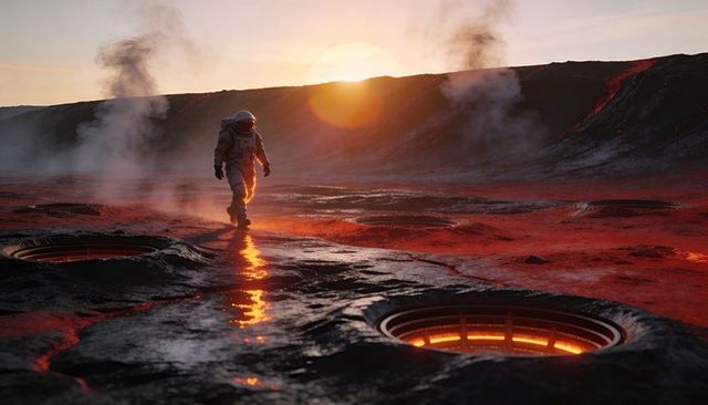 Astronaut walking on alien volcanic plain at sunset with glowing lava vents