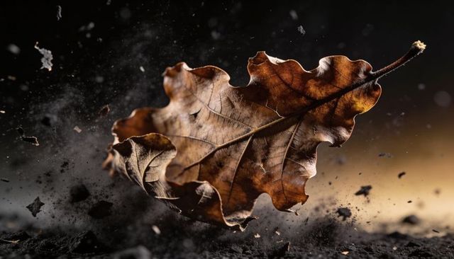 Floating dried oak leaf above crumbly soil, rimlight revealing texture and airborne dust
