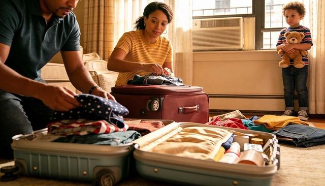 Parents packing suitcases together while child holding teddy, preparing for family trip