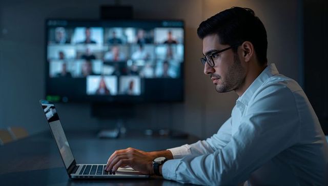 Corporate professional working late on laptop with virtual meeting on conference screen