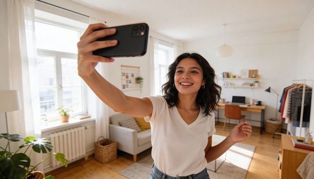 Smiling young woman taking selfie in sunlit studio apartment with home office and plants