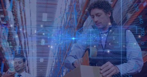 Sealing box with ar logistics overlay in busy warehouse aisle, fulfillment workflow