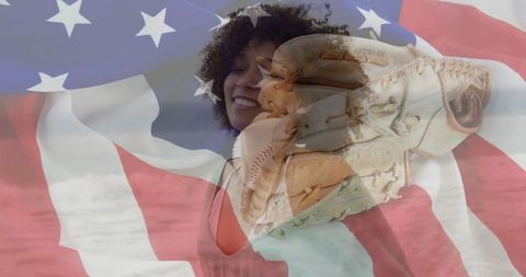 Woman Smiling with American Flag and Vintage Baseball Glove Collage