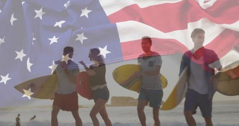 Friends with Surfboards Against American Flag on Beach