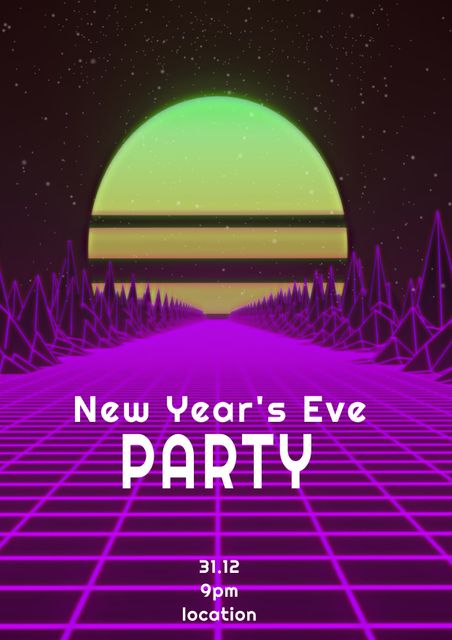 New Year's Eve invitation featuring a vibrant neon and retro-futuristic cyberpunk design for a memorable celebration. Ideal for promotion of countdown events, themed parties or creative digital party marketing materials. Bright and eye-catching, suitable for use in both online and print invitations with its 1980s-inspired design aesthetic.