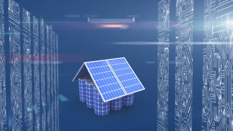 Futuristic Blue Solar Panel House with Microprocessors