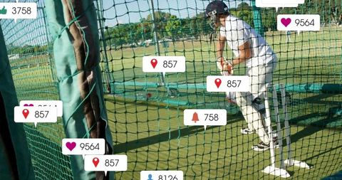 Batsman practicing in cricket nets surrounded by digital engagement