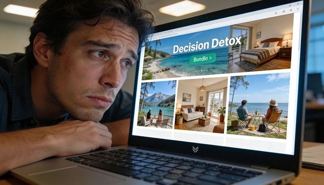 Man leaning on desk staring at laptop contemplating travel deals decision detox bundle
