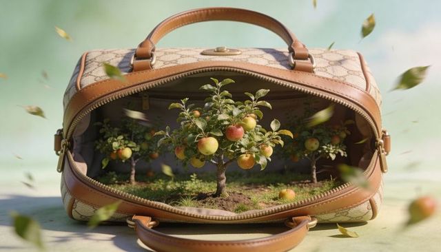 Luxury leather travel bag opening to reveal miniature apple orchard with drifting leaves