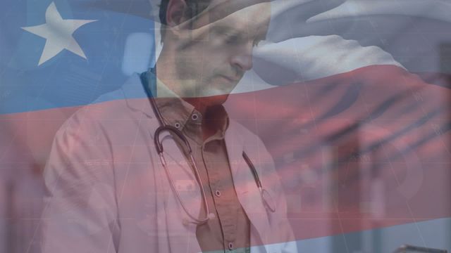 The image showcases a senior Caucasian male doctor using a digital tablet with an overlay of the Texas state flag. This visual represents the intersection of healthcare technology and regional identity. It is ideal for discussions on healthcare advancements in Texas, promotional materials for medical conferences, or informational resources about the integration of technology in hospital settings.