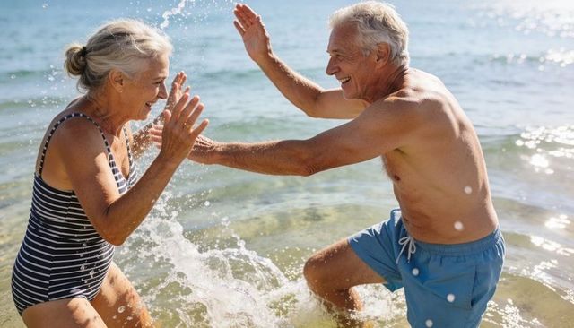 Senior couple splashing and laughing in shallow sea on sunny beach