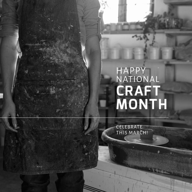 Composition of national craft month text over female potter in workshop. National craft month, craftsmanship and small business concept.