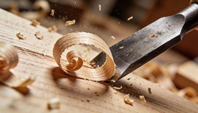 Close-up chisel carving curly wood shavings and fine sawdust on workbench, macro detail