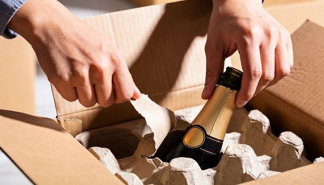 Unpacking champagne bottle with protective pulp inserts and cardboard shipping box