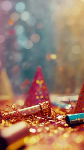 Vertical video: confetti blowing across colorful party hats and blowers, festive bokeh lights