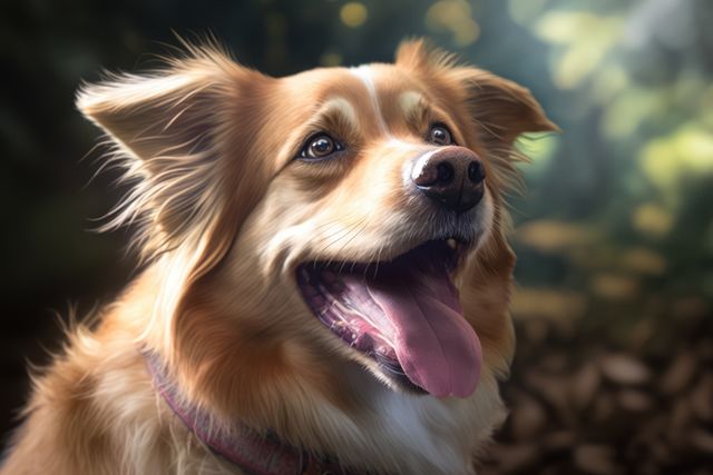 Close-up of a joyous dog with floppy ears and its tongue out, surrounded by natural outdoor setting. Perfect for use in advertising related to pets, outdoor activities, pet care products, or animal-related content. Adds a touch of nature and happiness to various projects.