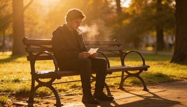 Young man reading letter on park bench at golden hour, autumn backlight
