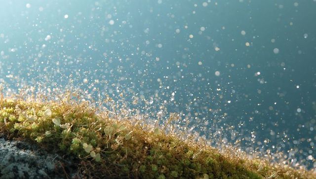 Glistening moss carpet sparkling with dew bokeh and tiny seed stalks on sloped rock