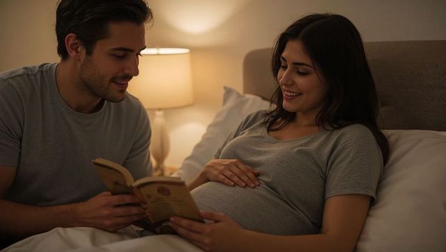Expectant couple reading bedtime story in cozy bedroom, pregnant woman smiling and relaxing