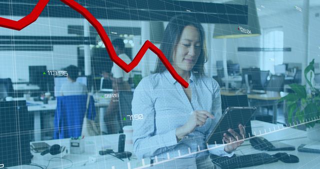 Businesswoman Analyzing Data on Tablet with Stock Market Graph Overlay - Download Free Stock Images Pikwizard.com