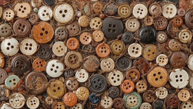 Vintage button mosaic macro texture displaying earthy patina, nacre and thread remnants