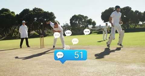 Cricketer Bowling Delivery with Chat Bubble Overlay in Outdoor Game