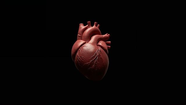 Floating anatomical heart model showing coronary arteries and aorta on black background