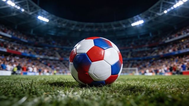 Resting red blue white soccer ball on turf under stadium floodlights with cheering crowd