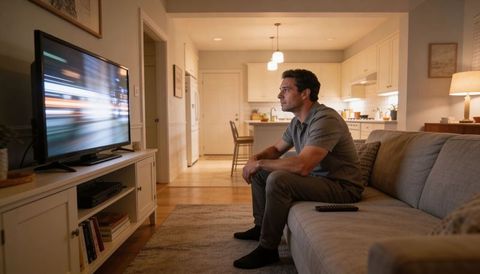Man watching tv on sofa in cozy modern living room with warm evening lighting