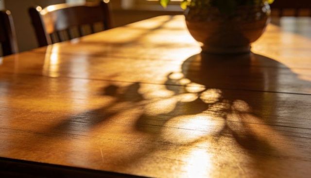 Sunlit wooden dining table gleaming with plant shadows and warm grain texture