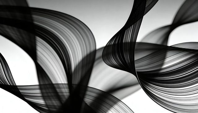 Monochrome flowing ribbon curves with fine lines and soft shadows for modern design